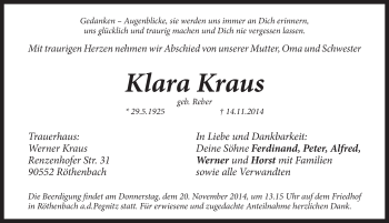 Traueranzeige von Klara Kraus von Pegnitz-Zeitung